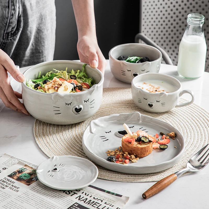 Cartoon Kitty Cat Kitchen Ceramic Crockery Porcelain Dinnerware Sets  Dishes Plates Stoneware Restaurant Tableware Sets