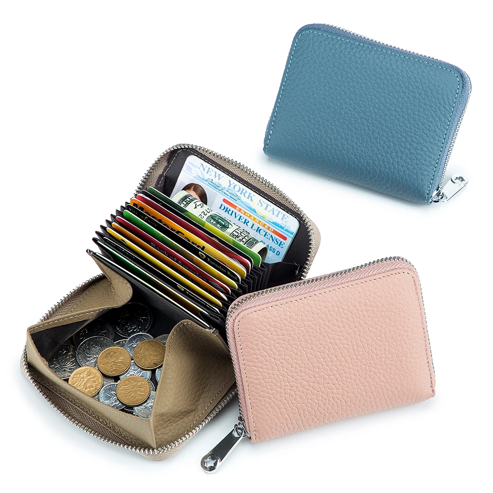 Wholesale genuine leather Compact Short RFID blocking secure female lady credit card holder wallet with coin pocket for women