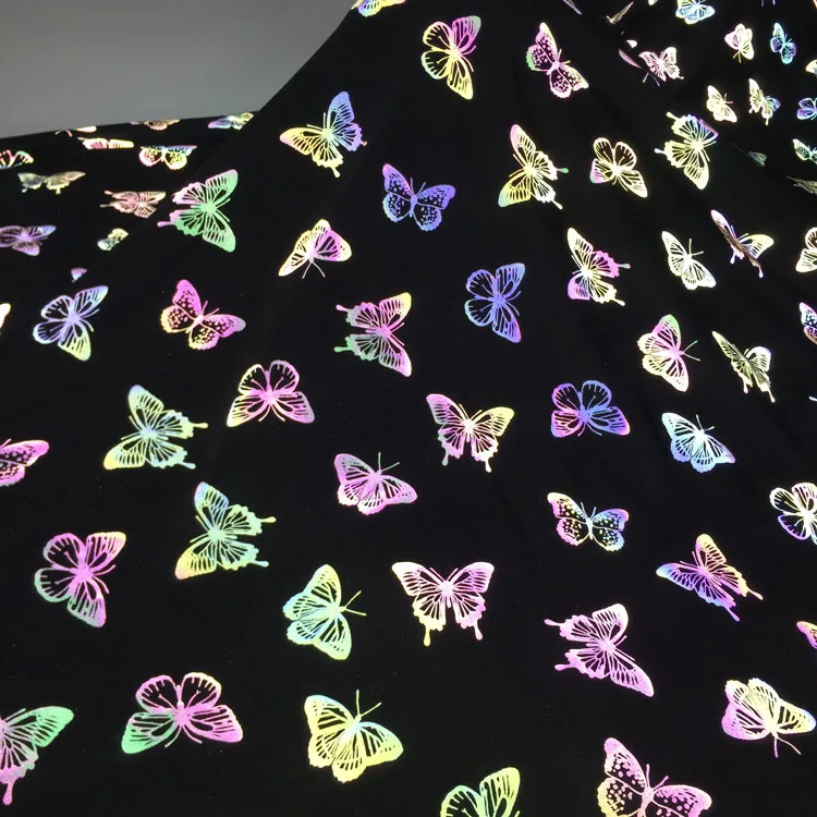 Custom Reflective Iridescent Material Butterfly Pattern Elastic Black Reflective Fabrics