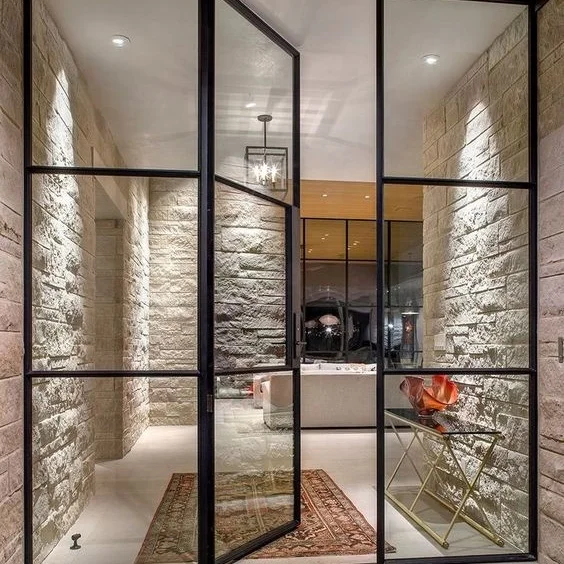 New design custom black metal frame glass window and door double glass steel aluminium frame door design