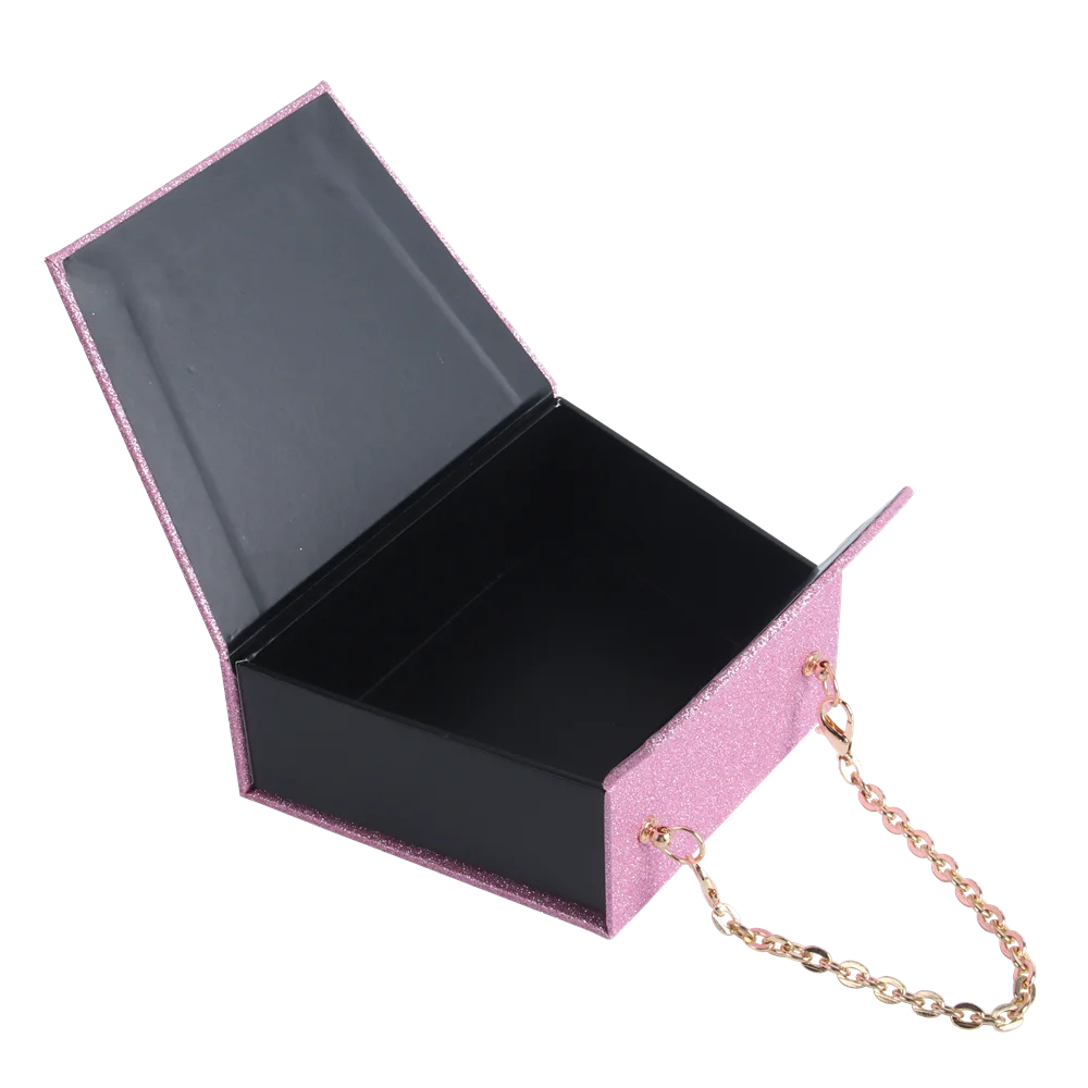 Custom Purple Magnetic Unique Handbag Design Cardboard Paper Packaging Gift Box For Perfume With Metal Chain Handle
