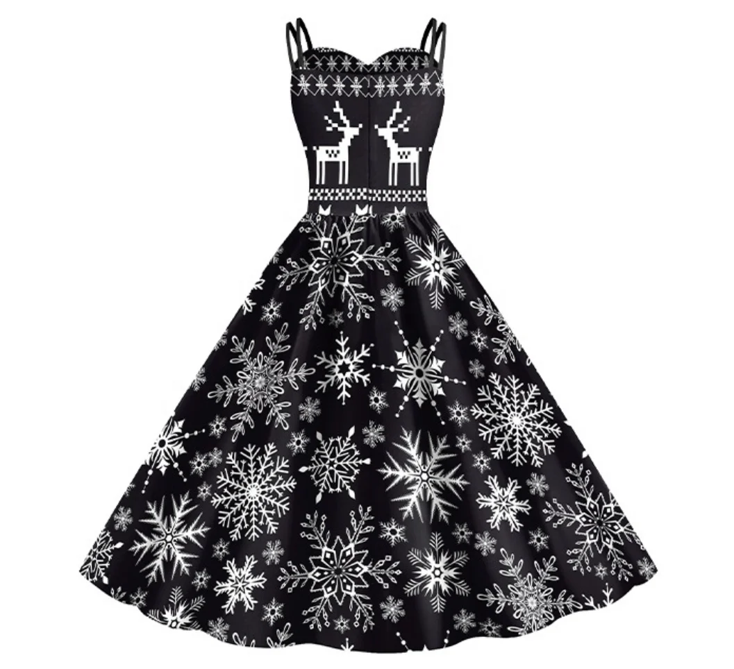 Ready to ship Christmas red dress women fashion beautiful snowflake digital printing strap latest christmas dress