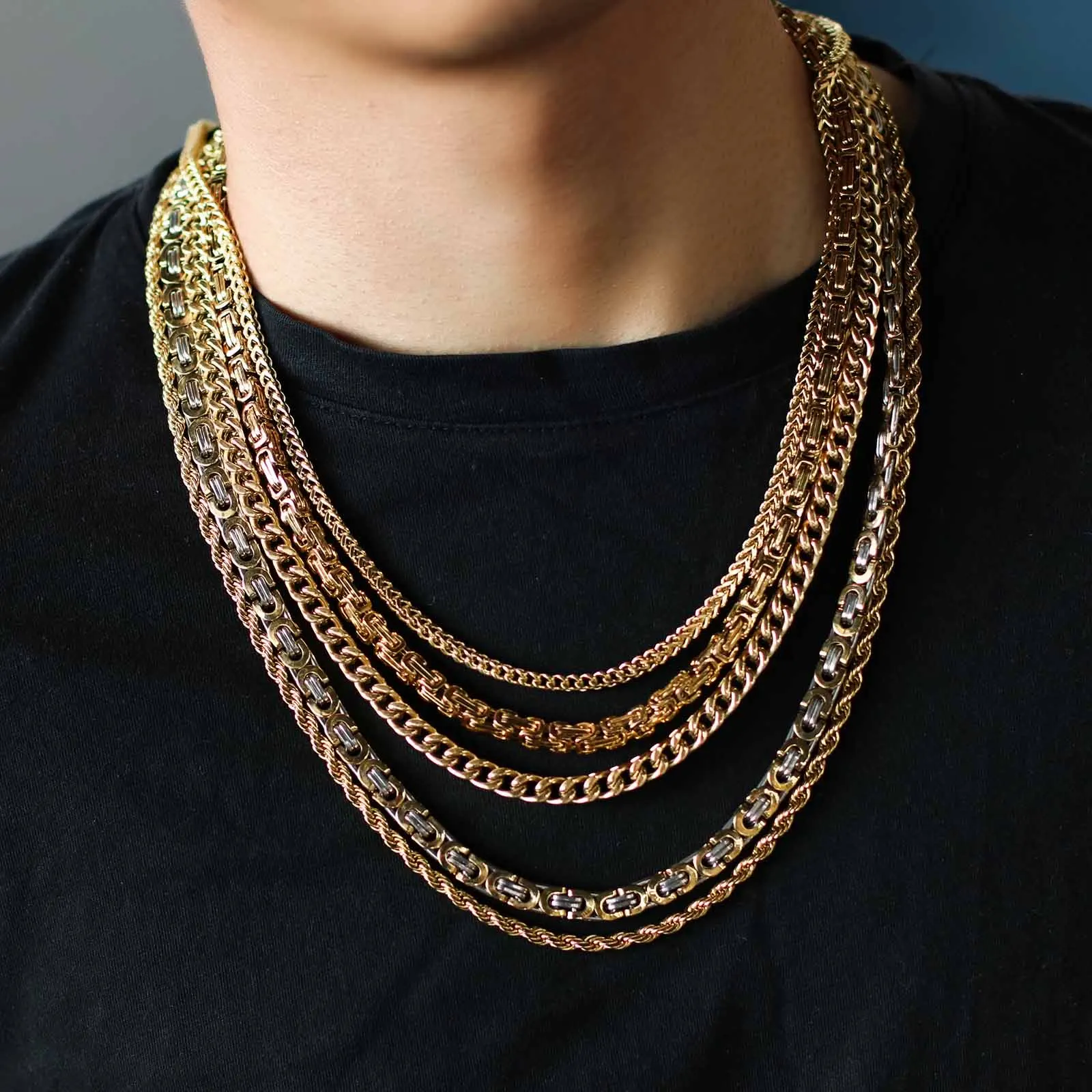 Trendy Mens Jewelry Fashion 14K 18K Solid Gold Plated Pendant Stainless Steel Cable Necklace Link Chain Figaro Rope Chain