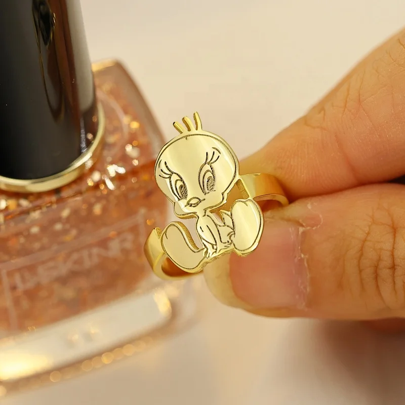 Kids Cute Cartoon Ring Custom Engraved Name Character Dainty Rings Women Jewelry Gift Stainless Steel Gold for