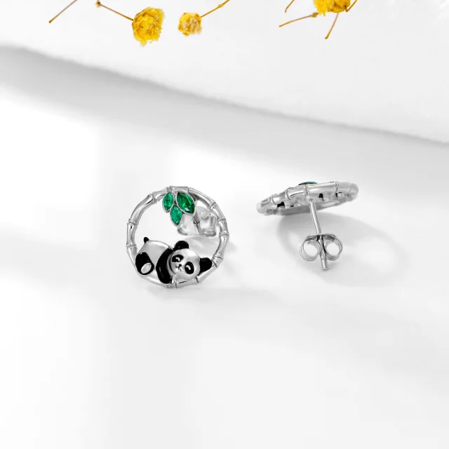 Animals  Panda Bamboo With Zircon 925 Sterling Silver Hoop Stud Earrings For Women