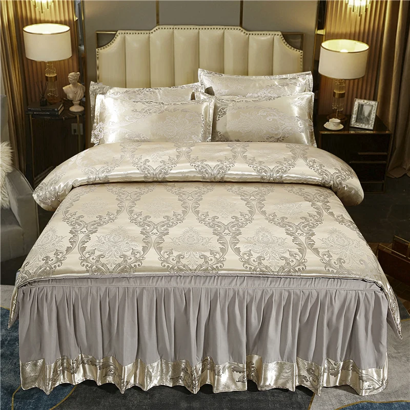 wholesale 4 in1  jacquard satin silky soft cotton like home bed duvet comforter cover bedskirt bedding set