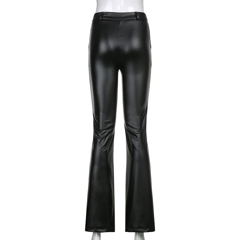 new designs PU faux leather ladies flare pants elastic materials high waist