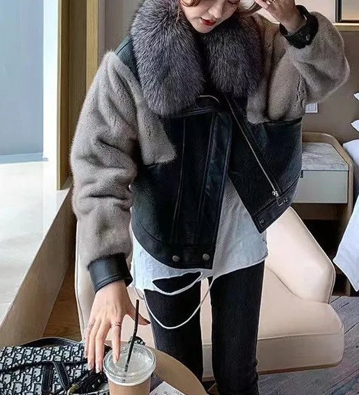 Warm Winter Coat Woman Faux Fox Fur Patchwork Mink Fur Batwing Sleeve Big Fur Collar Coats