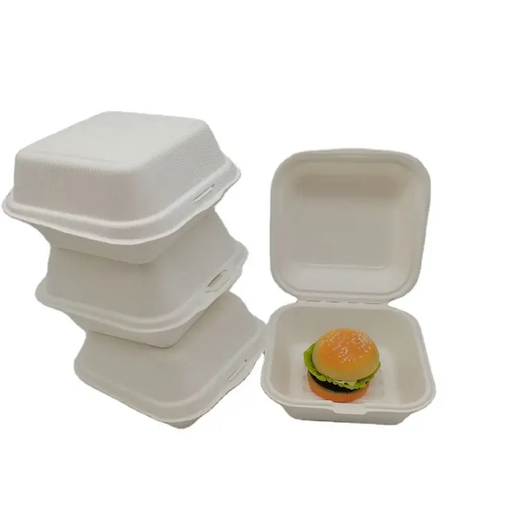 Eco Food Packaging 6 Inch Biodegradable Clamshell Take Away  Boxes Compostable Disposable Sugarcane Bagasse Burger Box