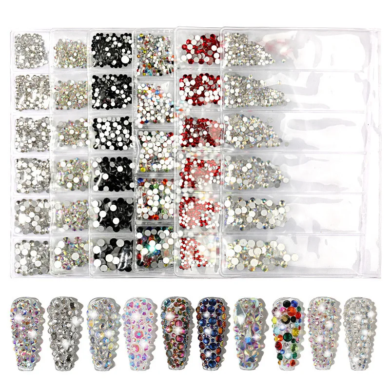 Wholesale mixed color multi-size 6 bag separate Manicure flat bottom nail rhinestones nail accessories DIY nail art decorations