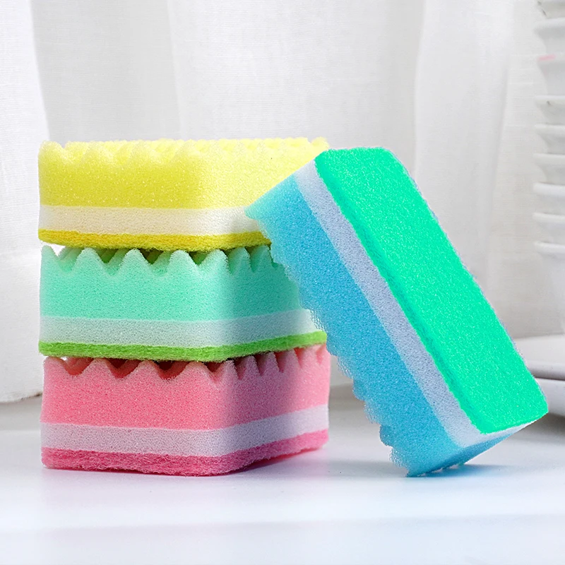 Colorful three layer sponge scouring pads high density tableware dishwashing cleaning wash dishes pots sponge washing brush