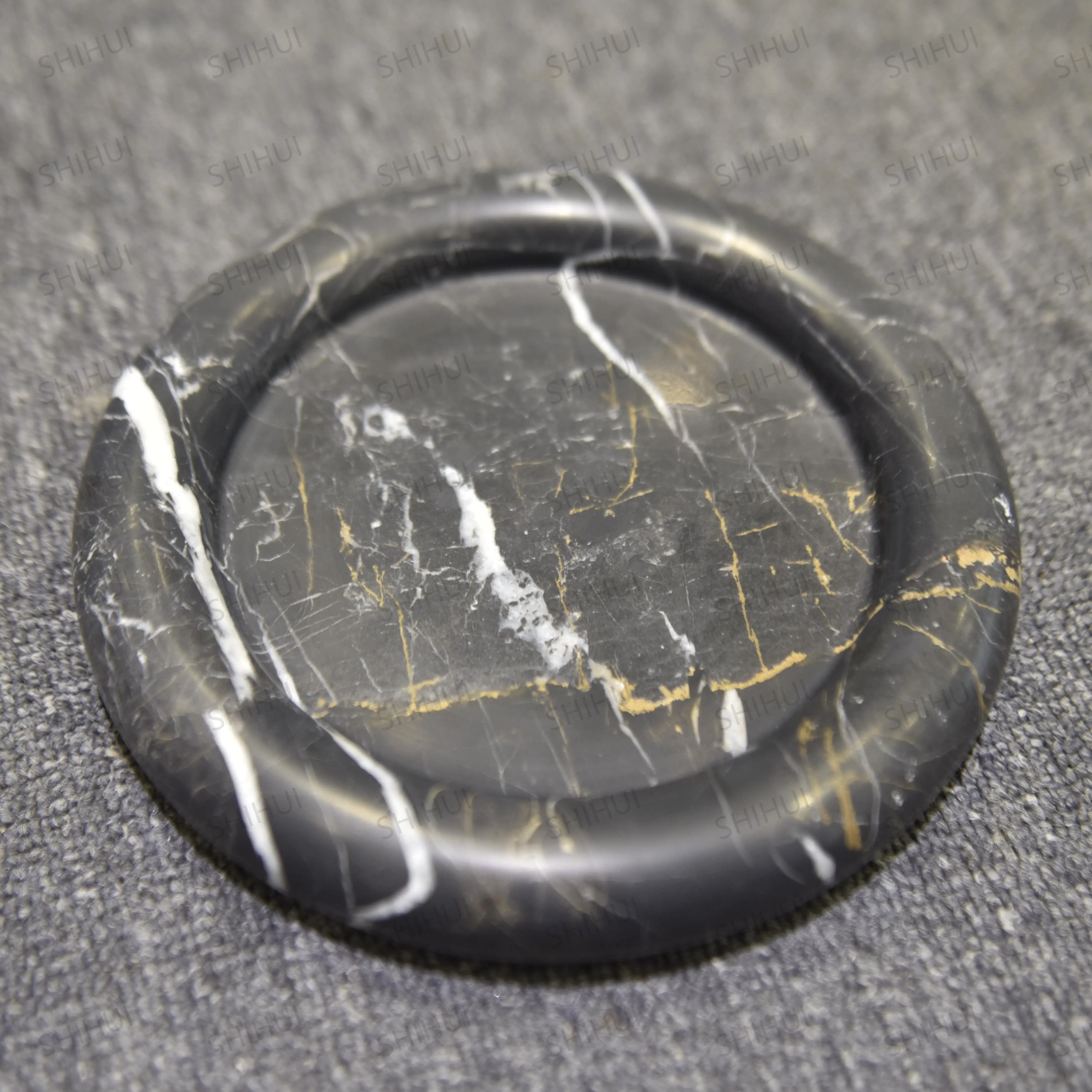 SHIHUI Wholesale Natural Stone Marble Decoration Craft Ornaments Round Shape Black Marble Bathroom Serving Tray