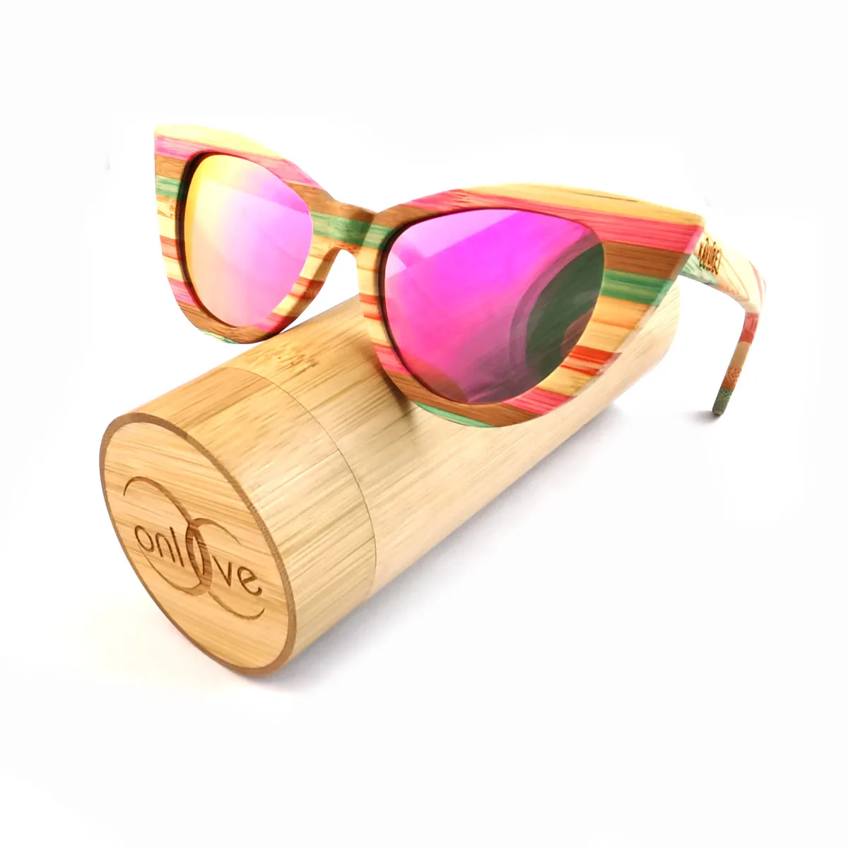 Fashion cat eye style mirror polarized lenses colorful wood sunglasses for women with gift bamboo cases