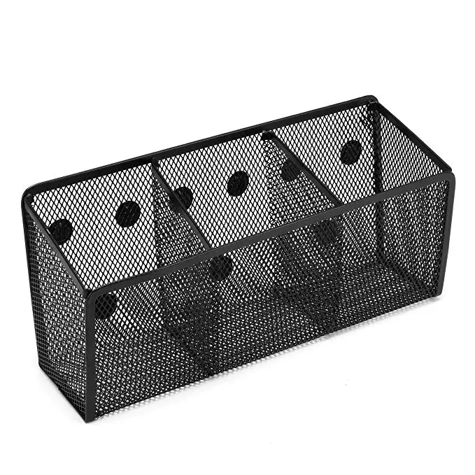 Office wire magnet desk organizer black color mesh metal desktop magnetic storage pen pencil cup