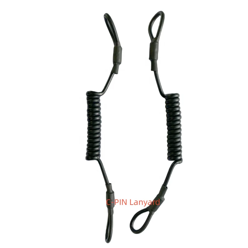 C-PIN 7*7 304 steel wire rope coiled coated black PU with two loop safety tool lanyard For fishing rod