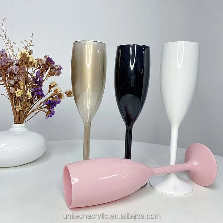 Stocked Personalized Custom Logo Black Pink Color Crystal Acrylic Party Wedding Plastic Flutes Glasses Bulk Champagne Glass