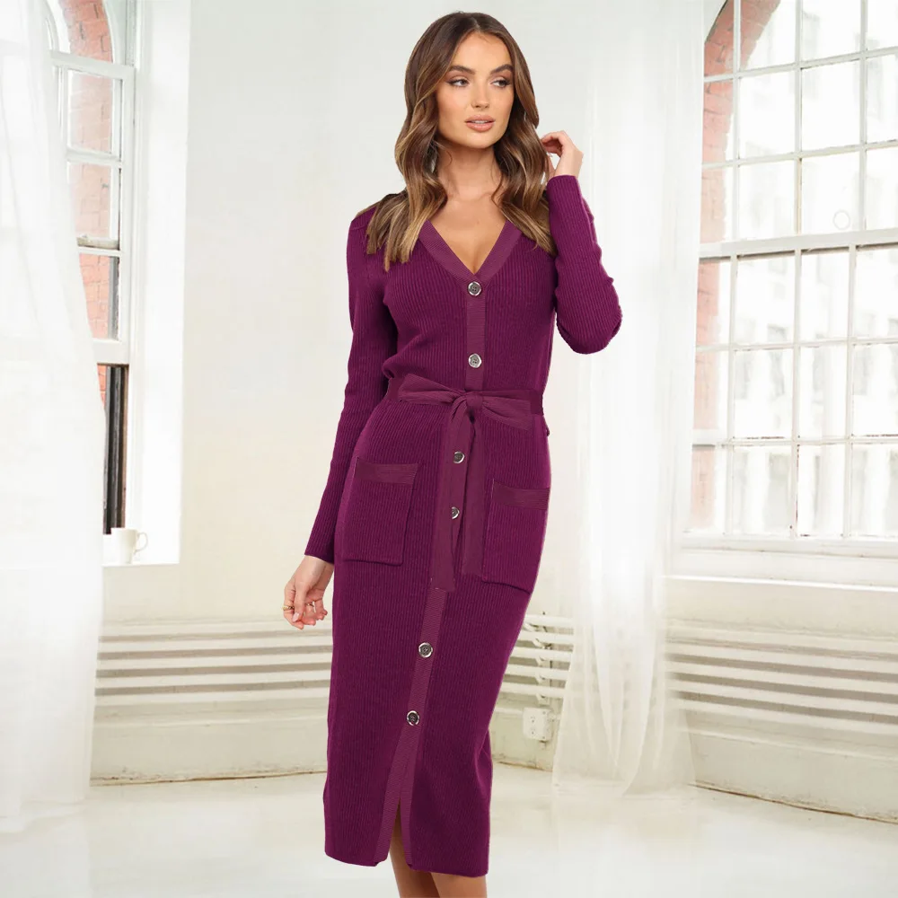 Newest Design 2021 Autumn Winter Long Knitted Dress Long Sleeve Slim V Neck Single Breasted Dress Women