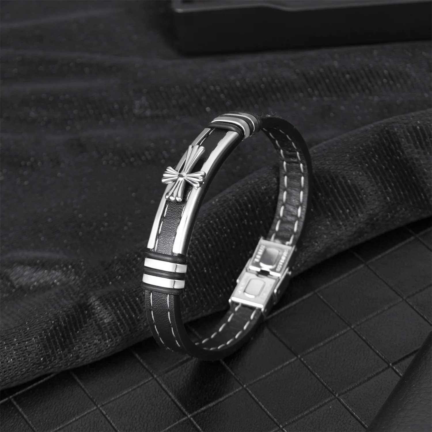 MLB028 Leather Cross Bracelet for Men Christian Religious Confirmation Gifts with Stainless Steel Clasp Black Color Bangle