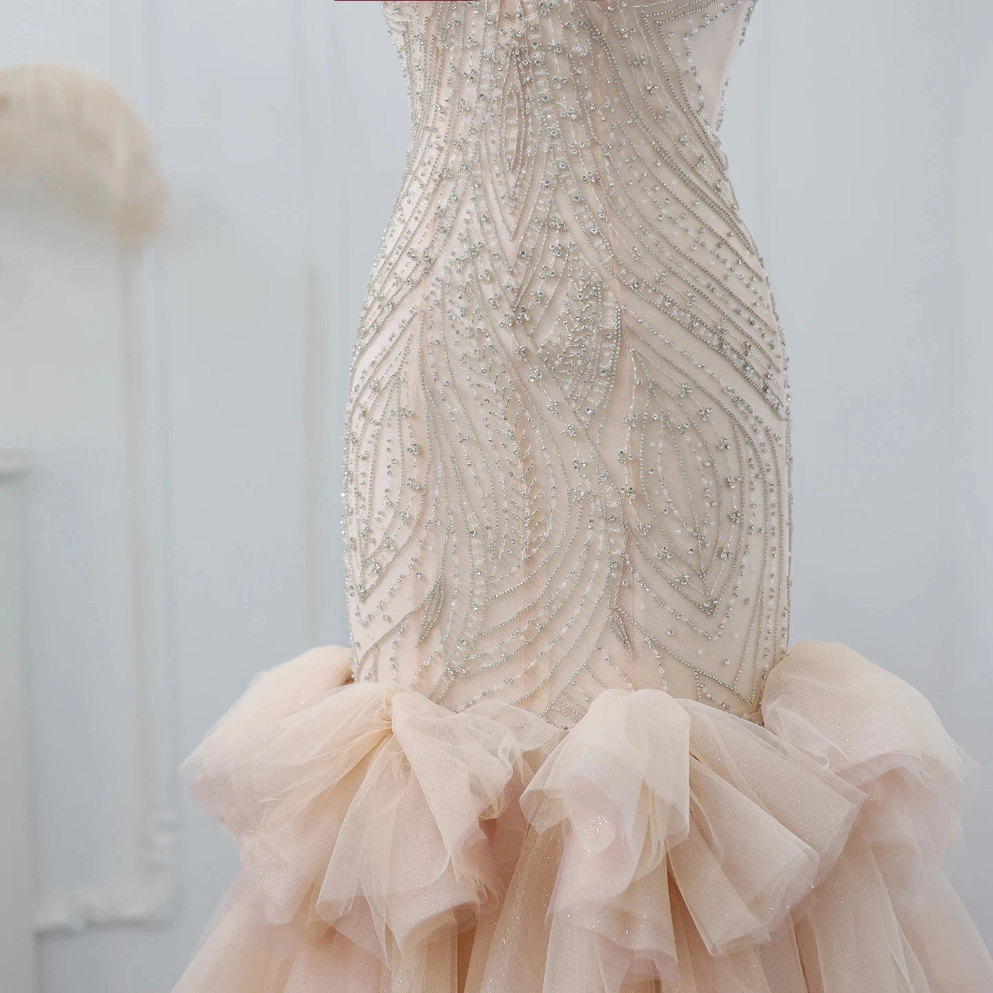 Dubai Luxury Champagne Crystal Mermaid Evening Dress