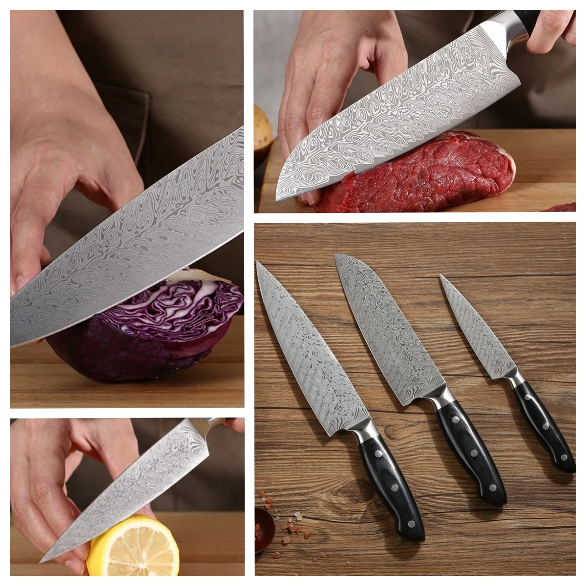 Hot Selling 3PCS  Kitchen Damascus Chef Knives Japanese Santoku  Utility Knife Damascus Steel Laser Pattern Kitchen Knife Set