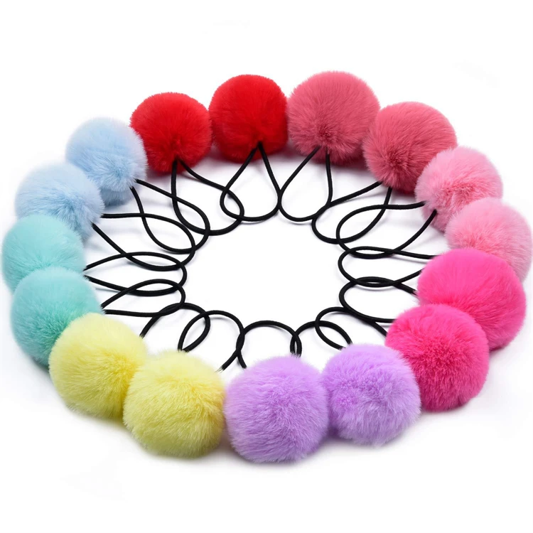 2022 Hot sale new design Korean Trendy Faux Rabbit Fur Pompom Ball Hair Band Rabbit Fur Hair Accessories for kids young girls