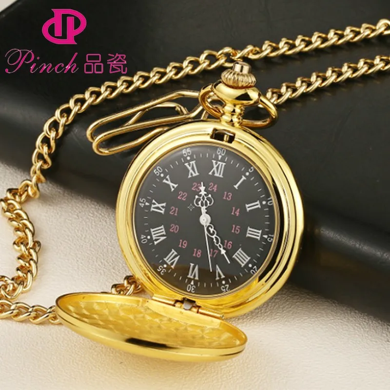 Two-faced Pocket Watch Silver black gold Smooth Quartz Pocket Watch With long Chain Best Gift To Men Women Laser engraving logo