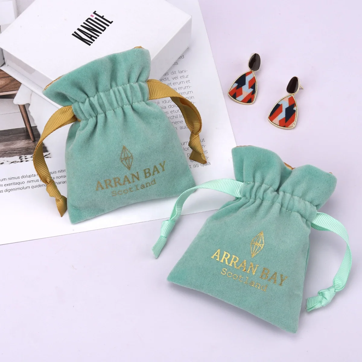 Custom Logo Printed Mini Velvet Satin Lining Jewelry Necklace Storage Bag Drawstring Luxury Velvet Jewelry Pouch