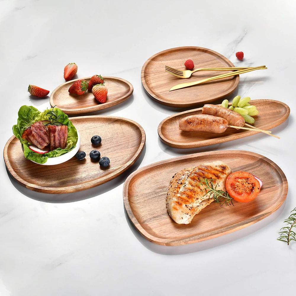Besafe Irregular Oval Wooden Acacia Wood Serving platters tray Decorating Plates for Snacks Breads Desserts Cheese Fruit