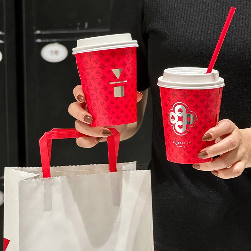 Limonpack Silver Foil Stamping Red Coffee Cup Disposable Cup Takeaway 12OZ Single Wall Coffee Paper Cups With Lid