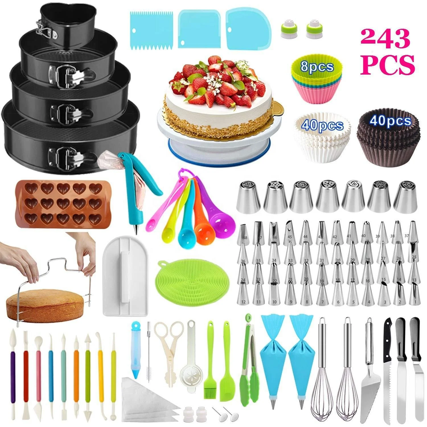 YJ Wonderful Custom 243 PCS Cake Decorating Supplies Kit cupcake baking fondant tools with turntable stand tip molds set