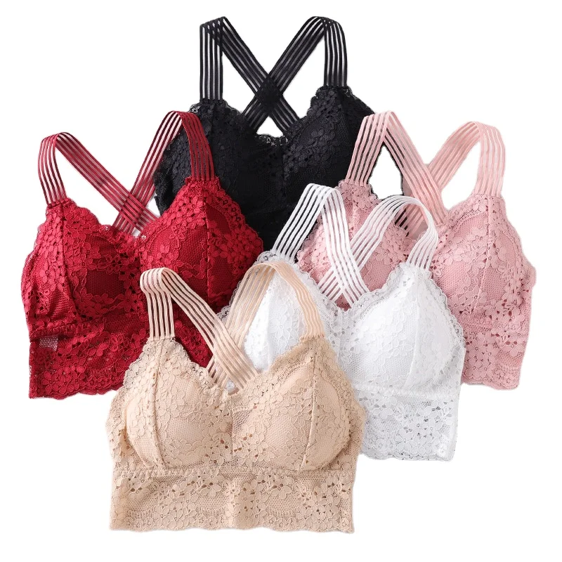 Lace Bralette Halter Bras Criss-cross Back Lace Bra Half Cup Bra Free Size Young Girls Sexy Plain Dyed Padded Deep V Neck Women
