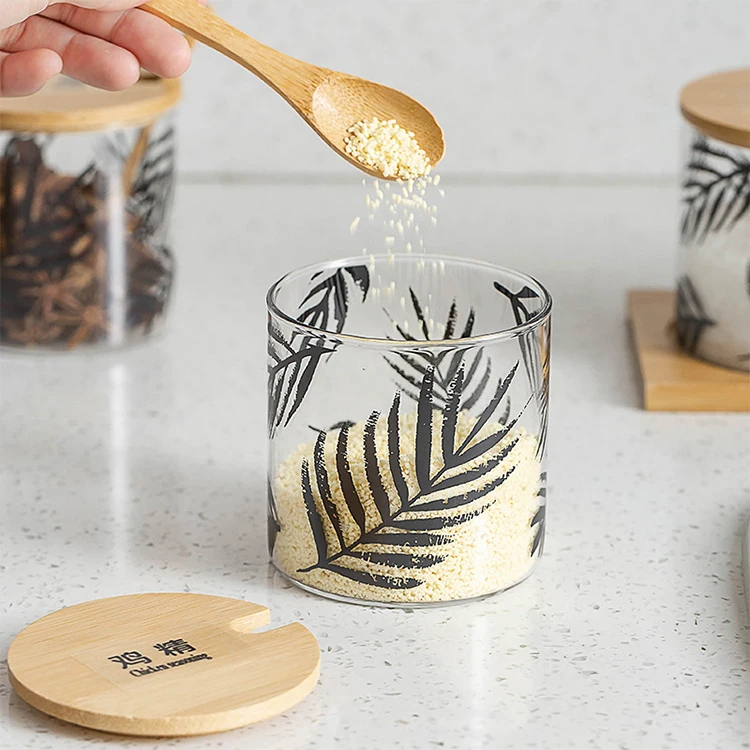 
Bamboo lid salt and pepper shaker spice condiment clear glass seasoning box with wood tray 