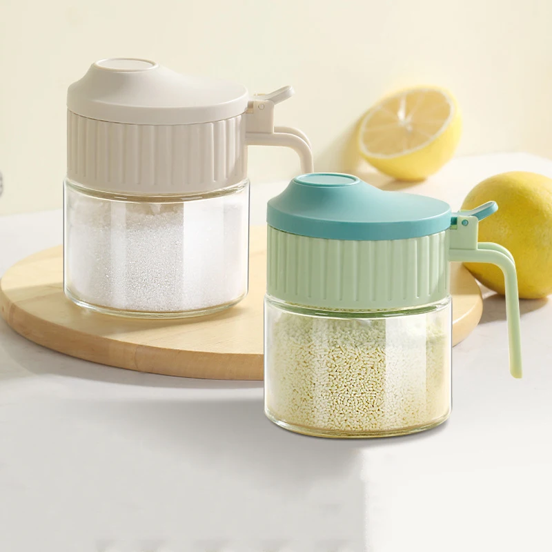 Creative Moisture-proof Sodium-calcium Glass Spice Seasoning Oil Storage Box with PP Press Flip Lid Sugar Salt Kitchen Container