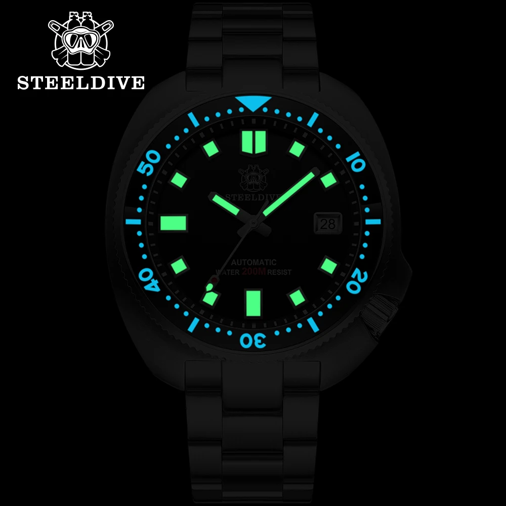 Мужские механические часы STEELDIVE SD1980 с большим циферблатом NH35 светящиеся двух цветов водонепроницаемые