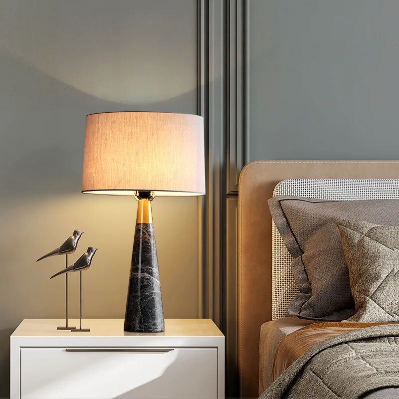 Chinese Style Simple Bedroom Bedside Lamp All Copper Base Lighting Marble Table Lamp