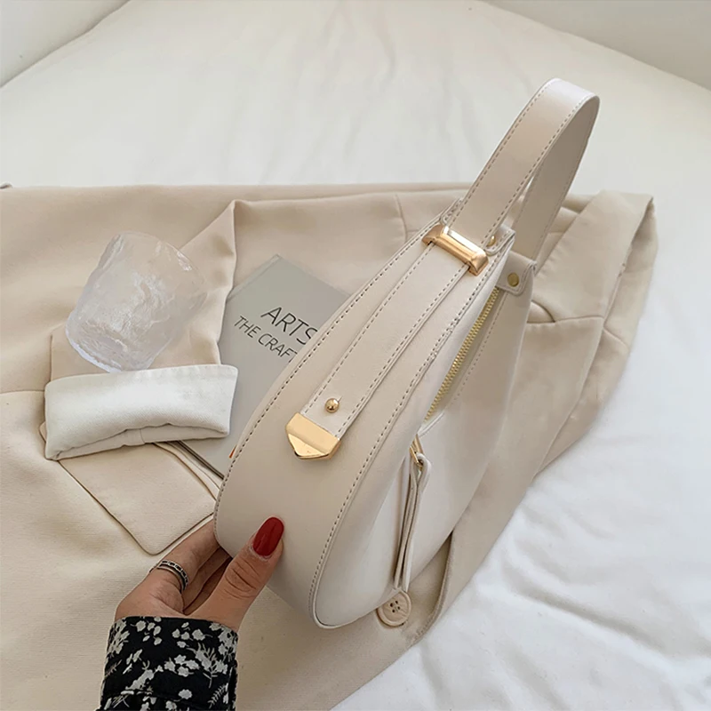 Wholesale 2024 Fashion Brand PU Leather Designer Tote Bags Simple Solid Color Half Moon with Strap Decoration Bags for Women