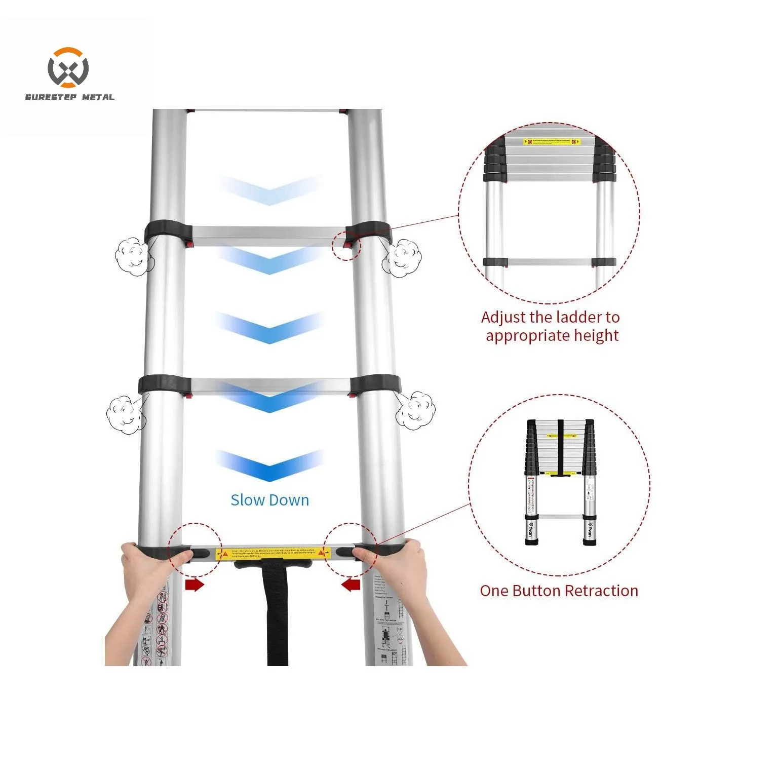 Adjustable Aluminum Telescopic ladder Max loading 150kg EN131