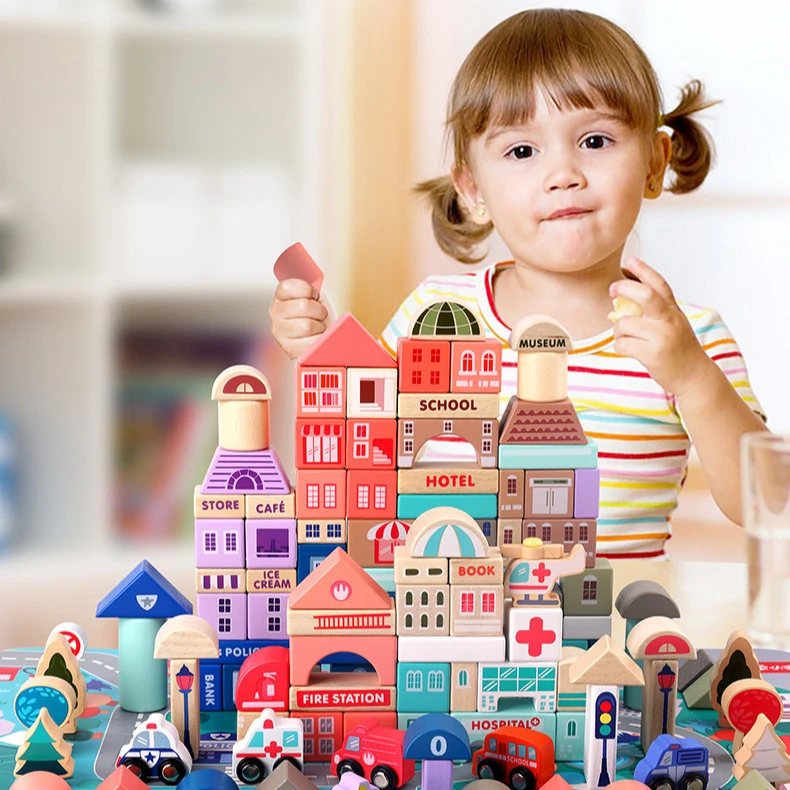 Children Toys Wooden Blocks 115 Grains Macaroon City Base Plate Large Particles Assembled Blocks Educational Toys