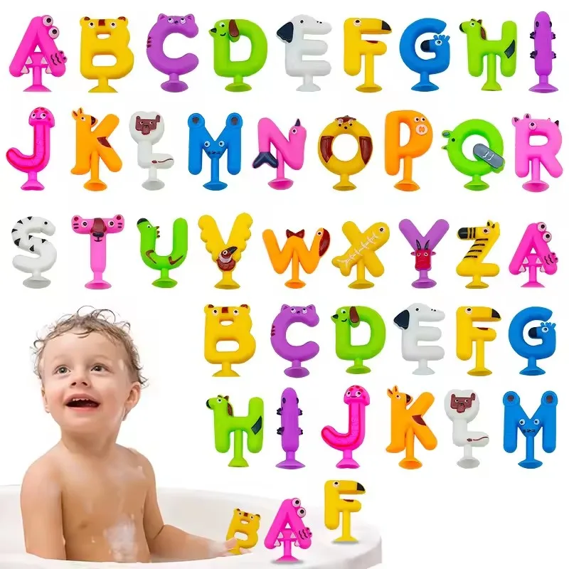 2024 New kids Bath Toys 26pcs Alphabet Toddler Educational Games Sensory Fidget Water Toys TPR Sucker Suction Cup Animal Toy