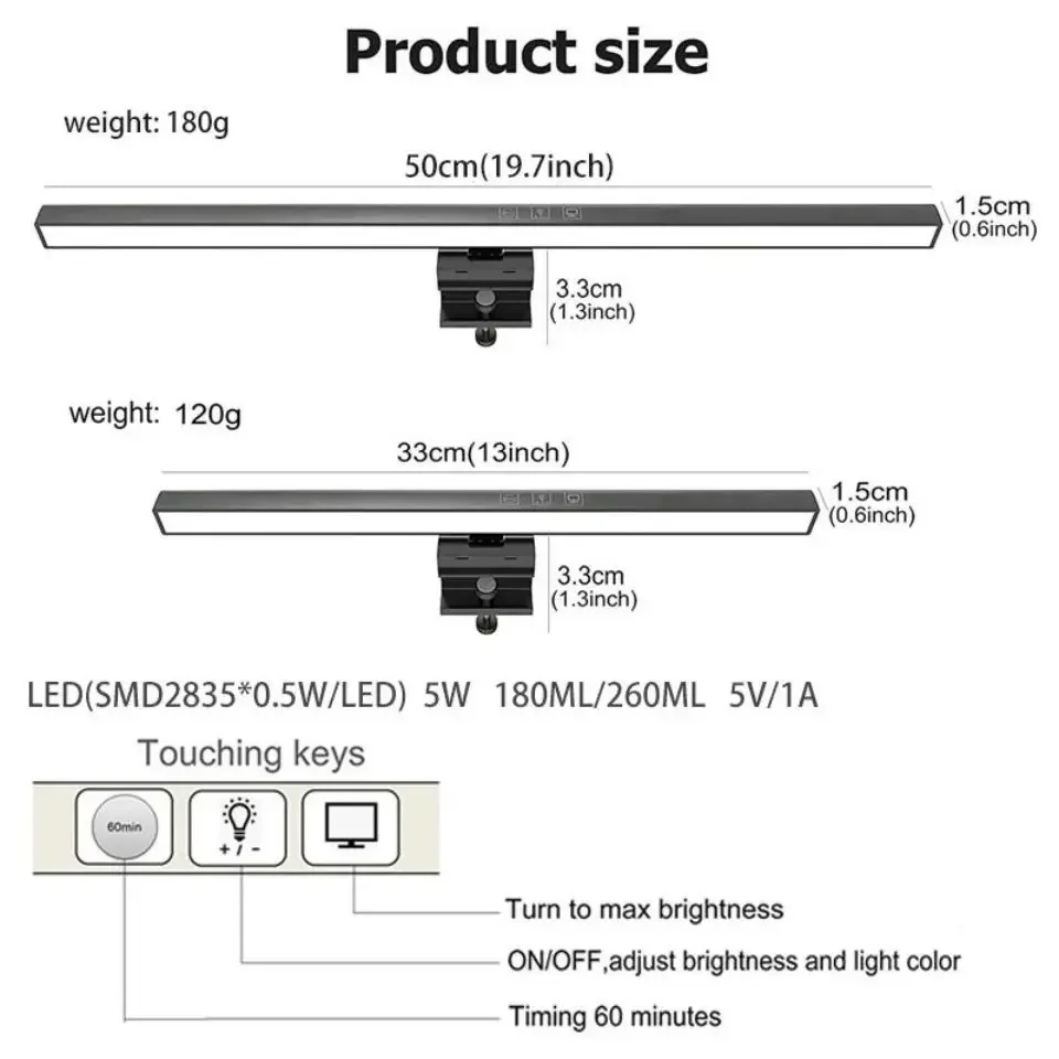 LED Desk Lamp LED Computer PC Monitor Screen Light Bar Stepless Dimming Reading USB Powered Hanging Table Lamp