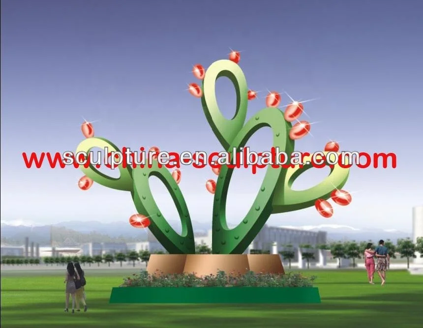 Открытый торговый центр доступные светильники для отеля среднего размера декоративное искусство Зеленый Кактус красный цветок металлическая скульптура из нержавеющей стали