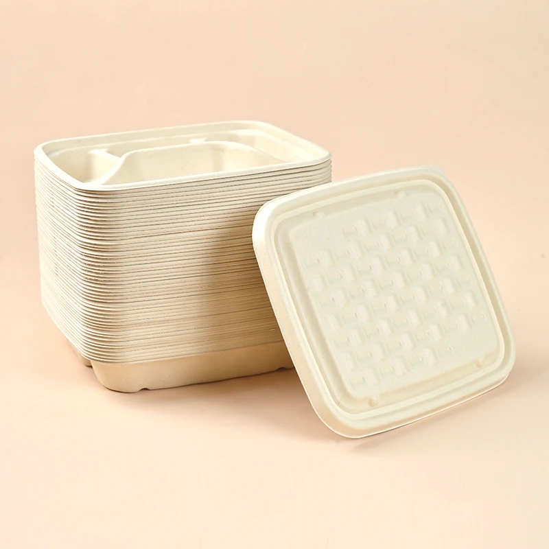 Disposable Food Serving Packing Container Takeway Fast Food Packing  Box Bagasse Fiber 3 4 Compartments Box Bagasse Lid