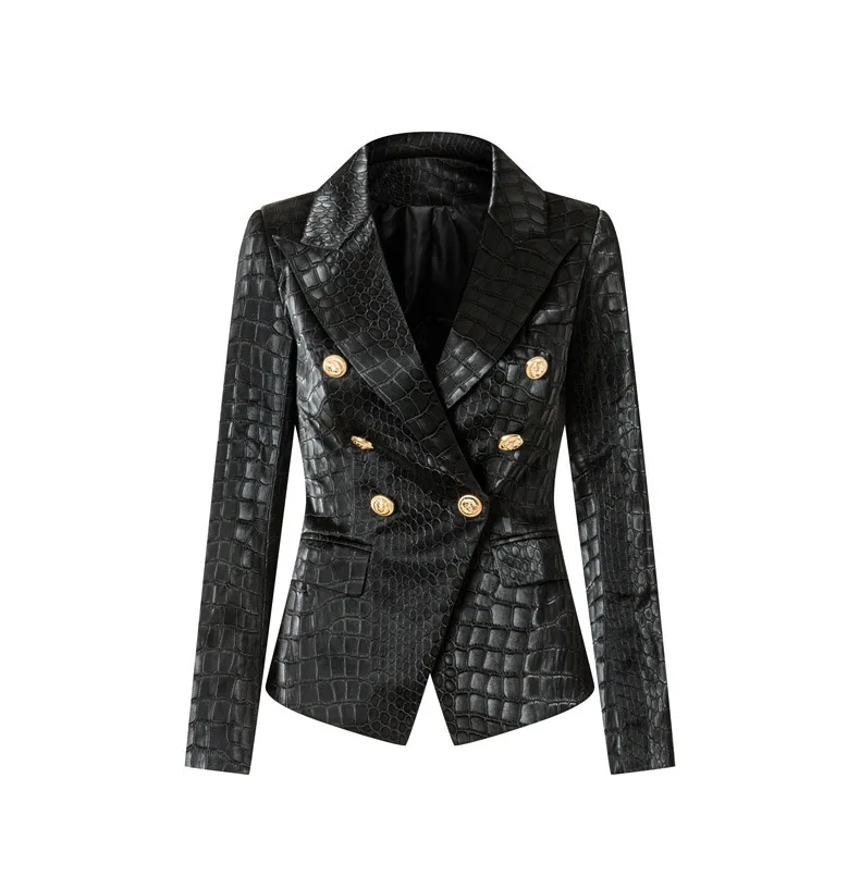 A5934 Unique Designing Artificial Crocodile Pattern Leather Jacket V Neck Black Women Blazer