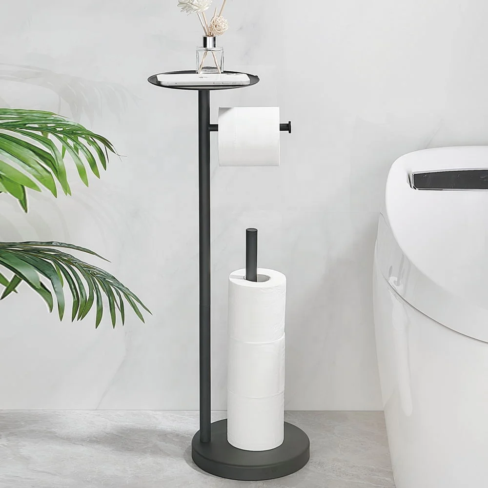 Black Gold Metal Floor Standing Toilet Paper Tower Holder With Phone Shelf Tissue Roll Dispenser Stand With Weighted Base