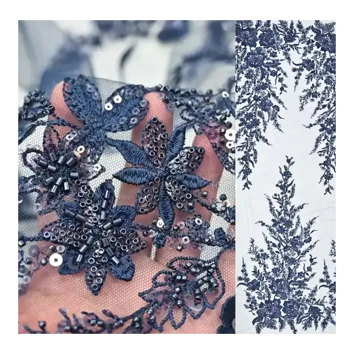 Factory custom African navy blue fabric hand beaded and sequined floral vintage embroidery tulle lace fabric