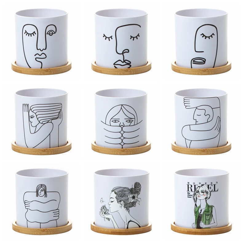 Геометрический простой круглый цветочный горшок с логотипом/узором от производителя прямое зеленое растение бонсай настольный