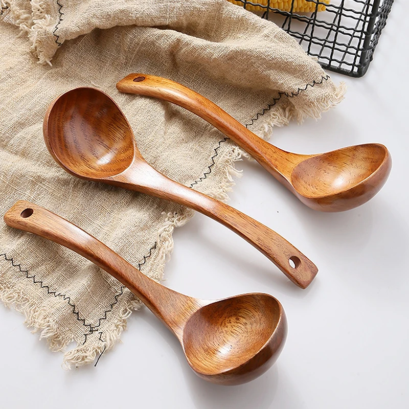 Customized Japanese Soup Wood Spoon Long Handle Non Stick Wooden Cooking Deep Soup Spoon