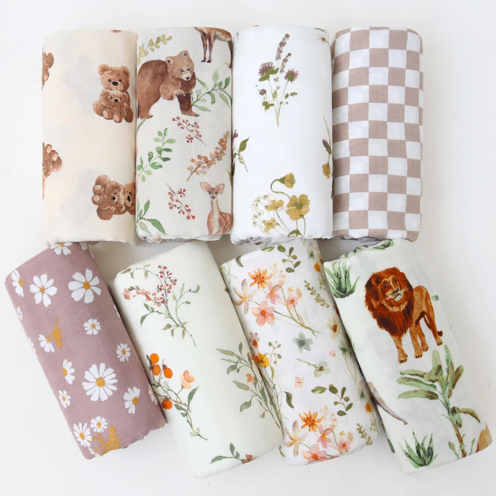 2022 New Baby Muslin Swaddle Blanket Set Organic Bamboo Cotton 47*47 inches Forest Natural Animals Printed Newborn Wraps