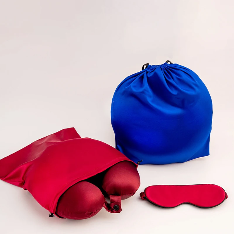 Fast ship Mulberry silk eye mask with silk U Shape Memory Foam neck pillow in bag  3pc silk travel set