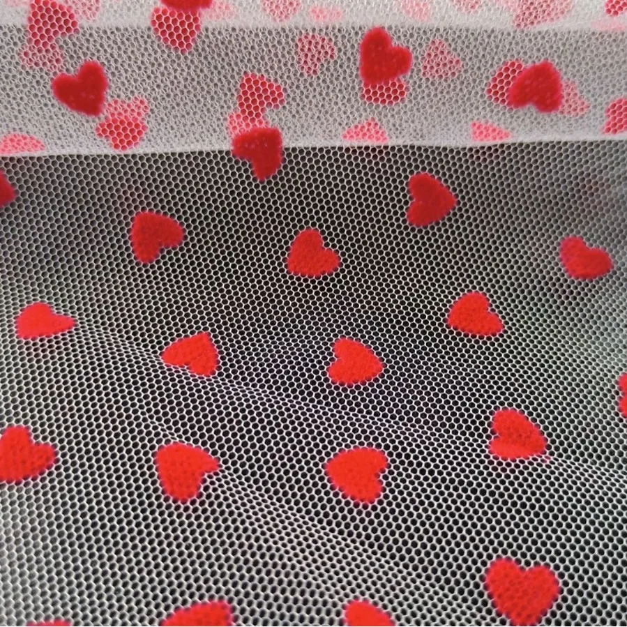 Width 150 cm Polyester Spandex Flock Mesh Lace Fabric Love Shape Veil Tulle Fabric for Women Skirt Wedding Bridal Dress